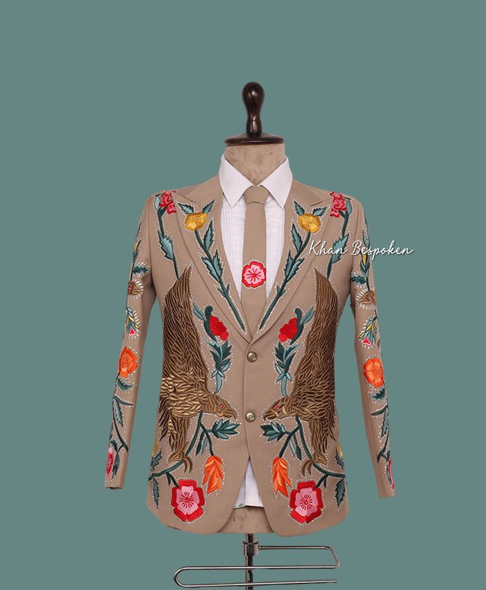 Men Beige Handcrafted Embroidered Eagle and Floral Design Suit Cowboy Wedding Cocktail Party Attire | Gift For Him | Country Western Suit