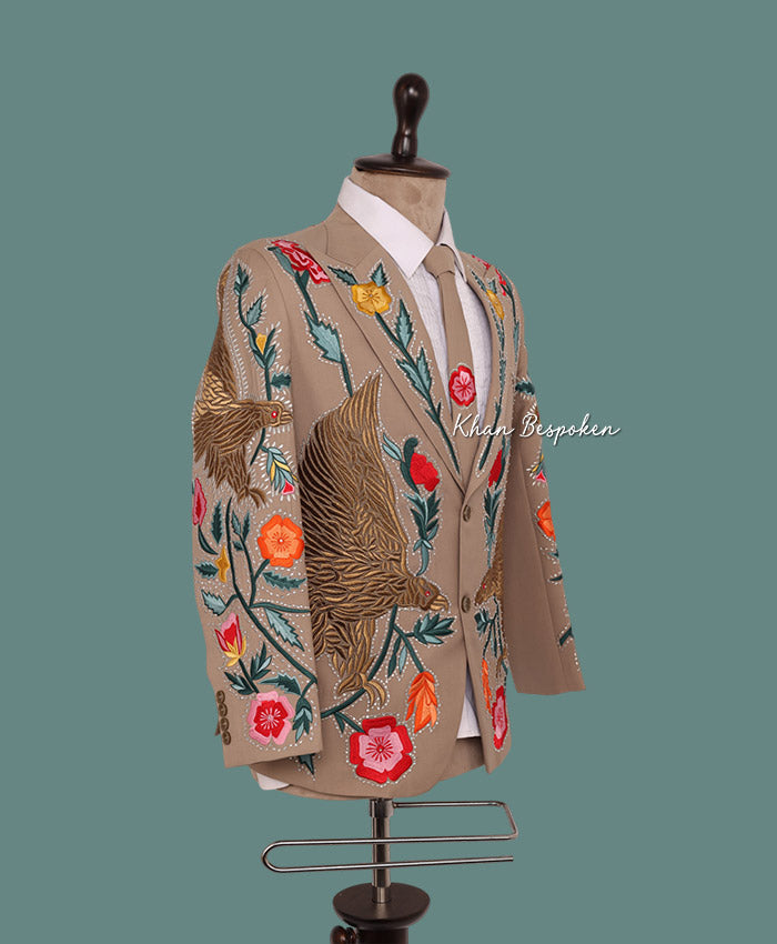 Men Beige Handcrafted Embroidered Eagle and Floral Design Suit Cowboy Wedding Cocktail Party Attire | Gift For Him | Country Western Suit