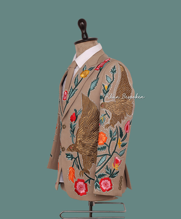 Men Beige Handcrafted Embroidered Eagle and Floral Design Suit Cowboy Wedding Cocktail Party Attire | Gift For Him | Country Western Suit