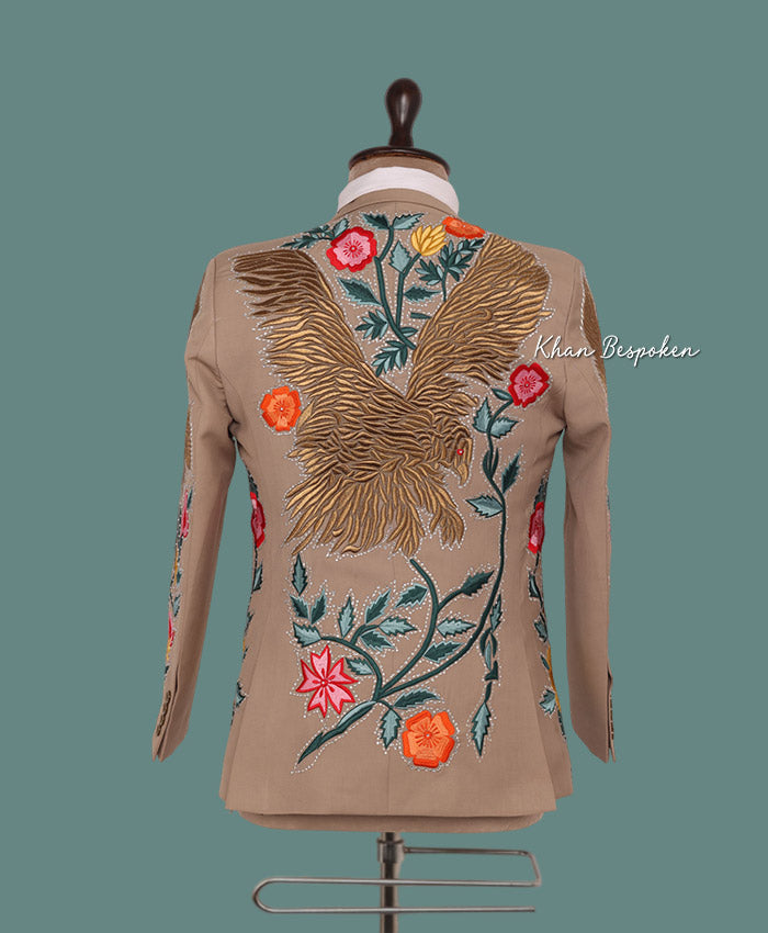 Men Beige Handcrafted Embroidered Eagle and Floral Design Suit Cowboy Wedding Cocktail Party Attire | Gift For Him | Country Western Suit