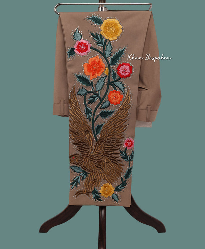 Men Beige Handcrafted Embroidered Eagle and Floral Design Suit Cowboy Wedding Cocktail Party Attire | Gift For Him | Country Western Suit