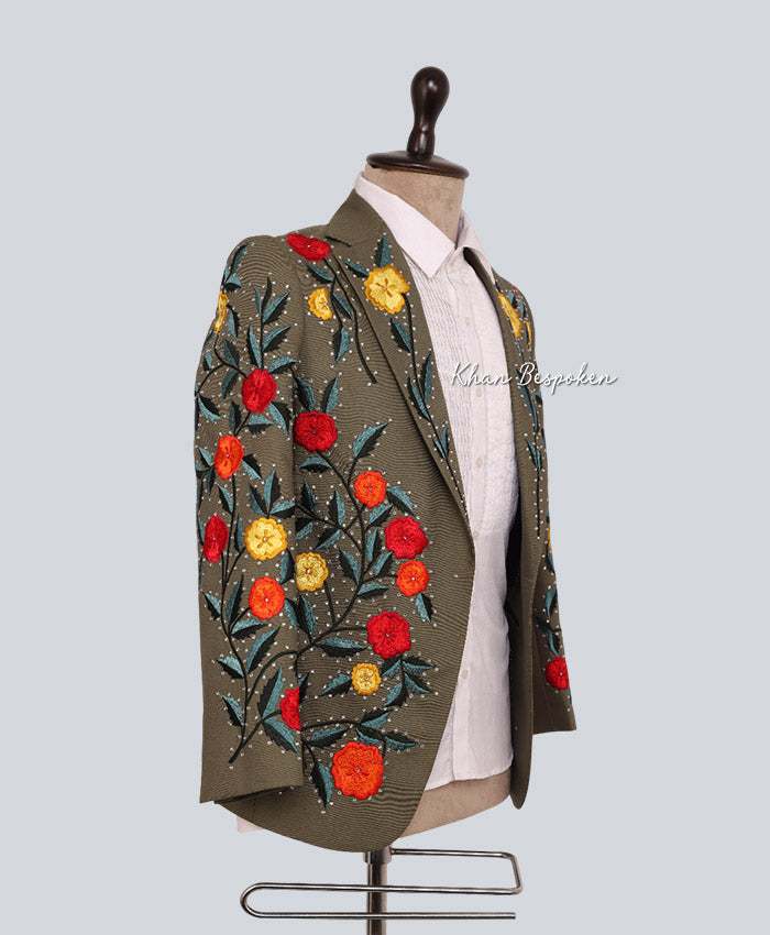 Men's Customized Green Multi Floral Embroidered 2 Piece Country Western Cowboy Wedding Suits Country Style Outfits Cocktail Festive Attire