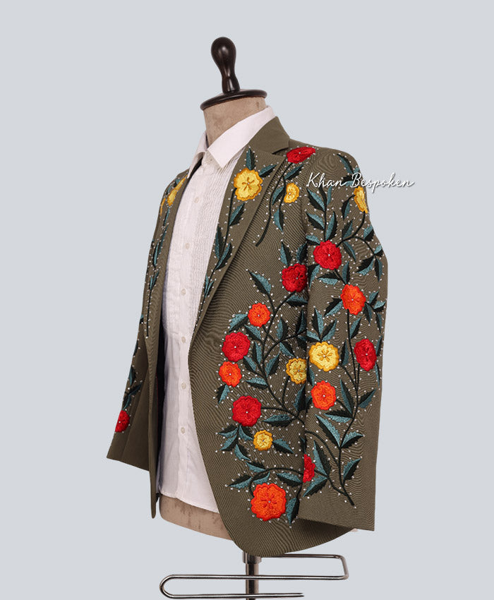 Men's Customized Green Multi Floral Embroidered 2 Piece Country Western Cowboy Wedding Suits Country Style Outfits Cocktail Festive Attire