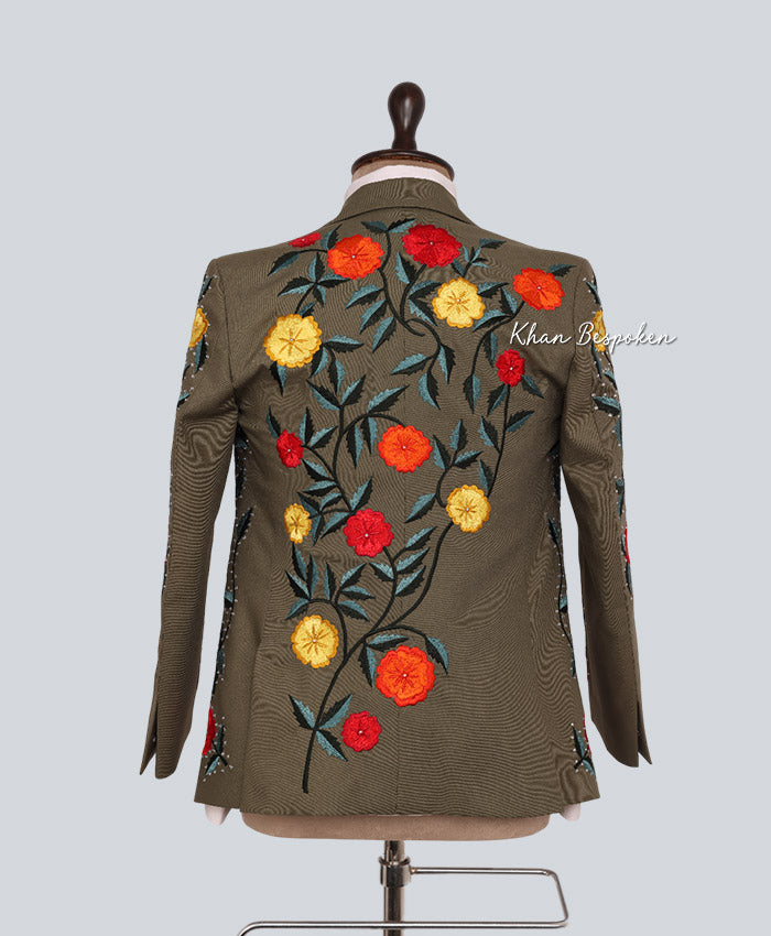 Men's Customized Green Multi Floral Embroidered 2 Piece Country Western Cowboy Wedding Suits Country Style Outfits Cocktail Festive Attire