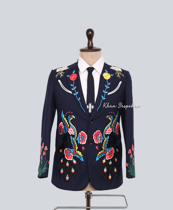 Men's Cotton Navy Blue Embroidered Western 2 Piece Suit Peacock and Floral Cowboy Wedding Cocktail Party Attire | Gift For Him