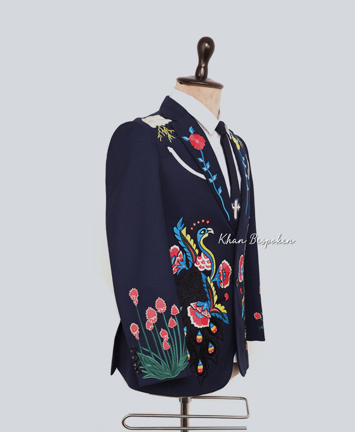 Men's Cotton Navy Blue Embroidered Western 2 Piece Suit Peacock and Floral Cowboy Wedding Cocktail Party Attire | Gift For Him