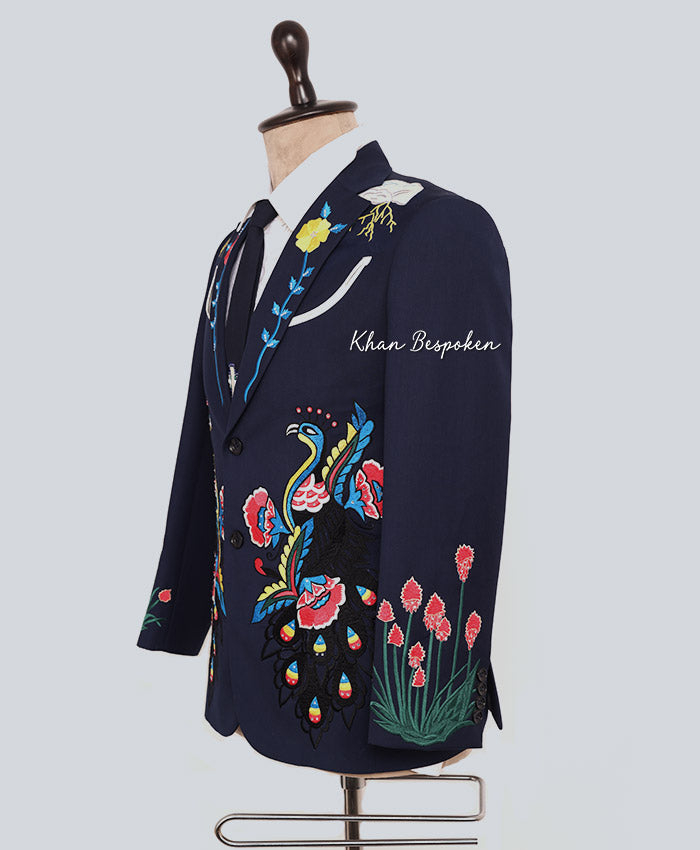 Men's Cotton Navy Blue Embroidered Western 2 Piece Suit Peacock and Floral Cowboy Wedding Cocktail Party Attire | Gift For Him