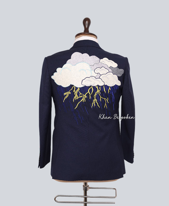 Men's Cotton Navy Blue Embroidered Western 2 Piece Suit Peacock and Floral Cowboy Wedding Cocktail Party Attire | Gift For Him