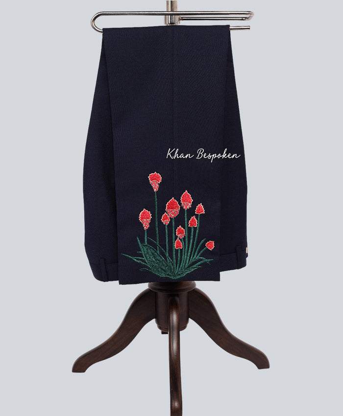 Men's Cotton Navy Blue Embroidered Western 2 Piece Suit Peacock and Floral Cowboy Wedding Cocktail Party Attire | Gift For Him