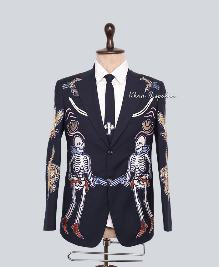 Men Customized 2 Piece Embroidered Blue Western Skeleton Suit | Day of the Dead Inspired Cowboy Outfit Wedding Cocktail Party Attire