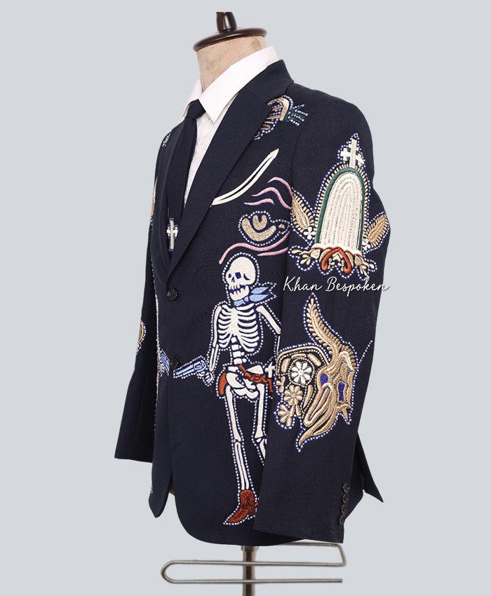 Men Customized 2 Piece Embroidered Blue Western Skeleton Suit | Day of the Dead Inspired Cowboy Outfit Wedding Cocktail Party Attire