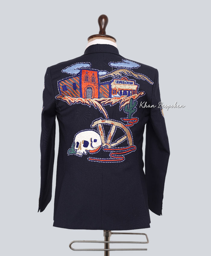 Men Customized 2 Piece Embroidered Blue Western Skeleton Suit | Day of the Dead Inspired Cowboy Outfit Wedding Cocktail Party Attire