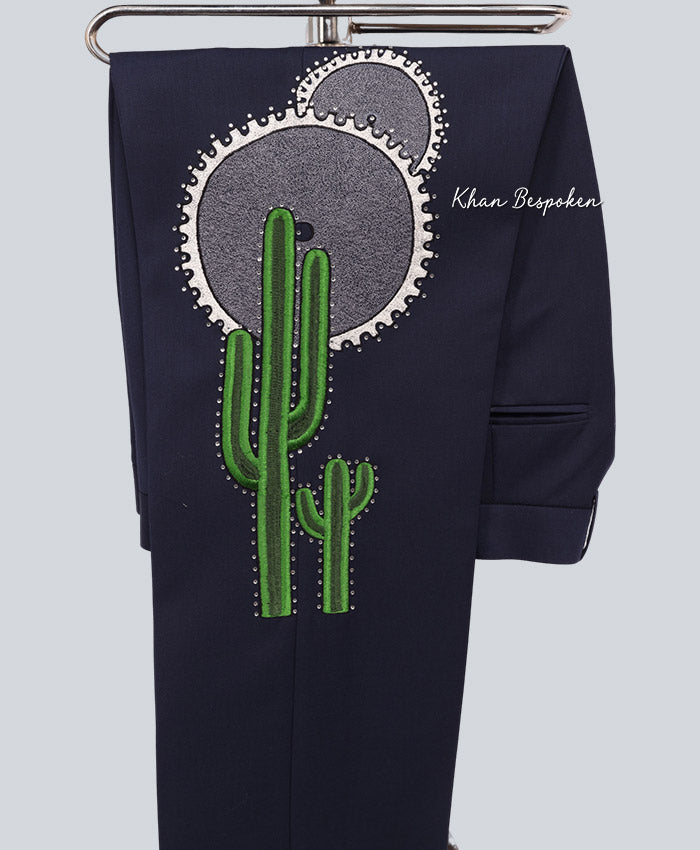 Men Customized 2 Piece Embroidered Blue Western Skeleton Suit | Day of the Dead Inspired Cowboy Outfit Wedding Cocktail Party Attire