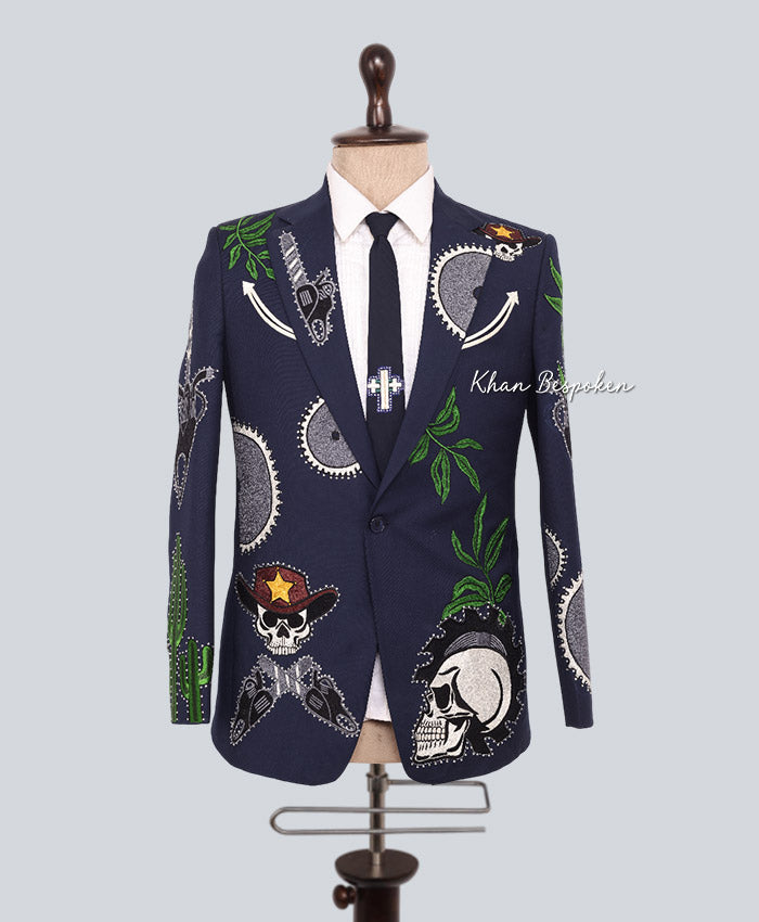 Men Blue Customized Cowboy 2 Piece Skeleton | Cactus | Embroidered Suit Wedding Cocktail Party Attire | Gift For Him | Western Cowboy Suit