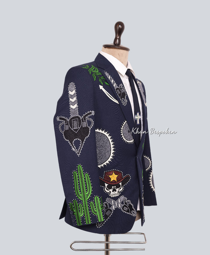 Men Blue Customized Cowboy 2 Piece Skeleton | Cactus | Embroidered Suit Wedding Cocktail Party Attire | Gift For Him | Western Cowboy Suit