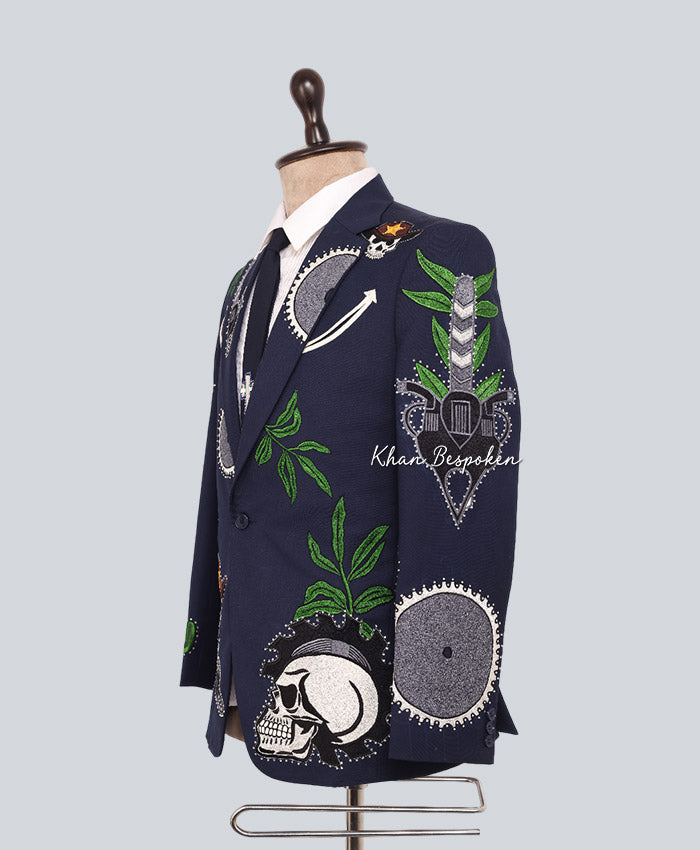 Men Blue Customized Cowboy 2 Piece Skeleton | Cactus | Embroidered Suit Wedding Cocktail Party Attire | Gift For Him | Western Cowboy Suit