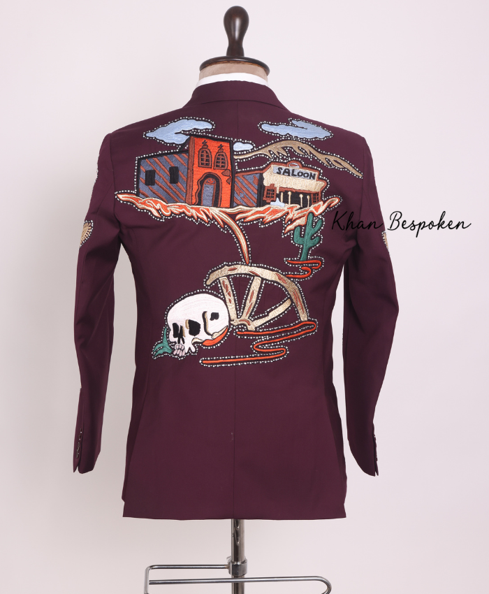 Men’s Embroidered Western Skeleton Suit Burgundy Cowboy Inspired Custom Outfit Wedding | Cocktail Party Attire | Country Music Outfit