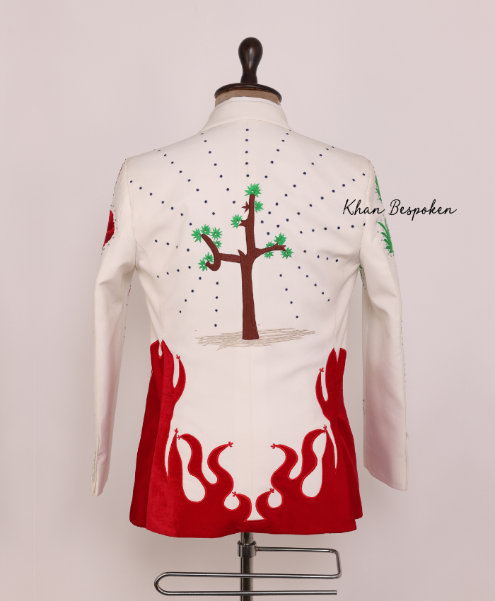 Ivory Vintage Style Country Western Flame | Guitar Themed Embroidered 2 Piece Suit Wedding Cocktail Party Attire | Country Music Cowboy Attire