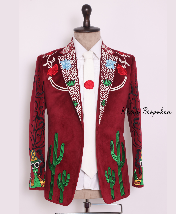Bespoke Men 2 Piece Red Velvet Western Cowboy Embroidered Suit Cactus | Alien Space Ship Design | Wedding Cocktail Attire