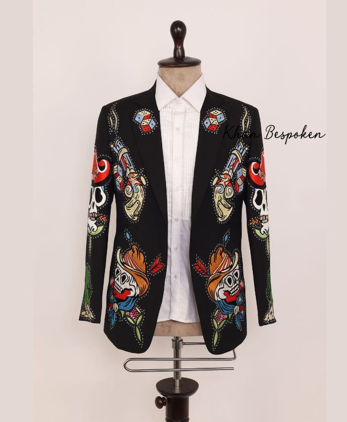 Western Inspired Embroidered Suit Sheriff & Skull Tattoo Art Design Cowboy Wedding Cocktail Party Attire | Gift For Him | Country Western Suit