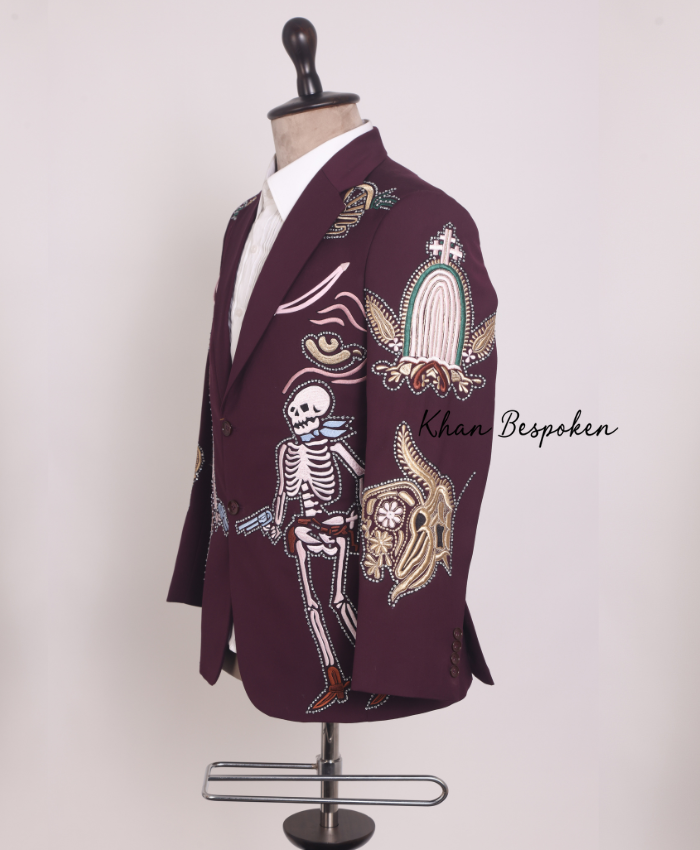 Men’s Embroidered Western Skeleton Suit Burgundy Cowboy Inspired Custom Outfit Wedding | Cocktail Party Attire | Country Music Outfit