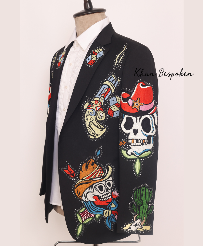 Western Inspired Embroidered Suit Sheriff & Skull Tattoo Art Design Cowboy Wedding Cocktail Party Attire | Gift For Him | Country Western Suit
