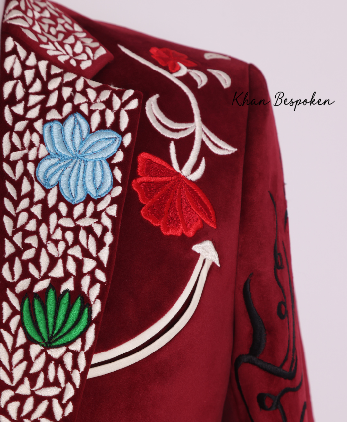 Bespoke Men 2 Piece Red Velvet Western Cowboy Embroidered Suit Cactus | Alien Space Ship Design | Wedding Cocktail Attire