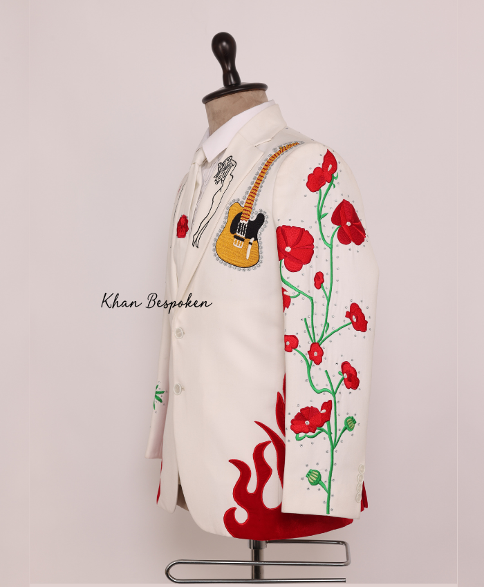 Ivory Vintage Style Country Western Flame | Guitar Themed Embroidered 2 Piece Suit Wedding Cocktail Party Attire | Country Music Cowboy Attire