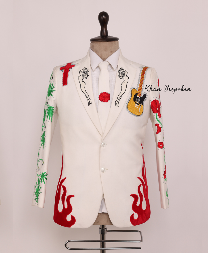 Ivory Vintage Style Country Western Flame | Guitar Themed Embroidered 2 Piece Suit Wedding Cocktail Party Attire | Country Music Cowboy Attire