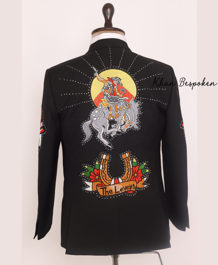 Western Inspired Embroidered Suit Sheriff & Skull Tattoo Art Design Cowboy Wedding Cocktail Party Attire | Gift For Him | Country Western Suit