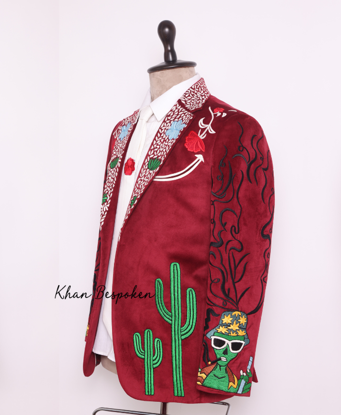 Bespoke Men 2 Piece Red Velvet Western Cowboy Embroidered Suit Cactus | Alien Space Ship Design | Wedding Cocktail Attire