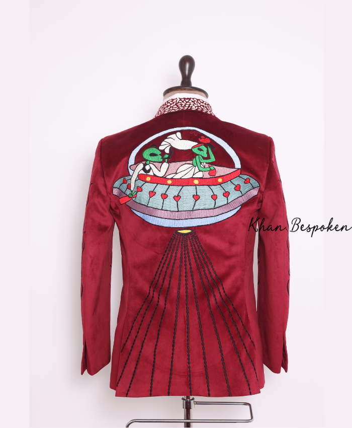 Bespoke Men 2 Piece Red Velvet Western Cowboy Embroidered Suit Cactus | Alien Space Ship Design | Wedding Cocktail Attire