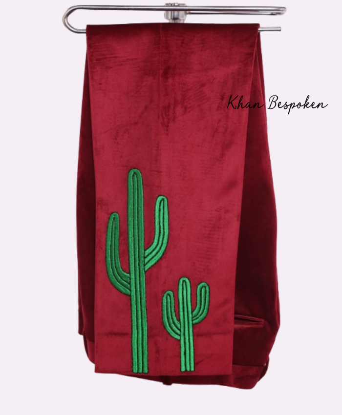 Bespoke Men 2 Piece Red Velvet Western Cowboy Embroidered Suit Cactus | Alien Space Ship Design | Wedding Cocktail Attire