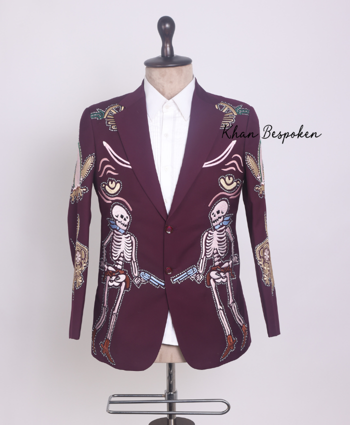 Men’s Embroidered Western Skeleton Suit Burgundy Cowboy Inspired Custom Outfit Wedding | Cocktail Party Attire | Country Music Outfit