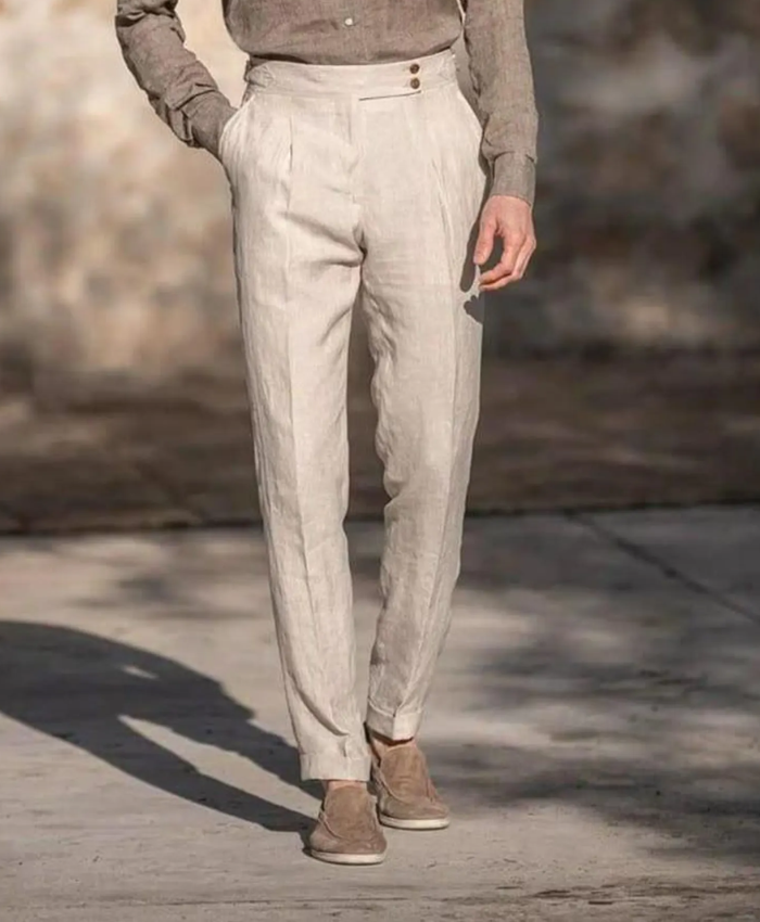 Men's Customized Ivory Linen Trouser, Gurkha Pant, High Waist, Summer Wear Business Casual & Wedding Attire